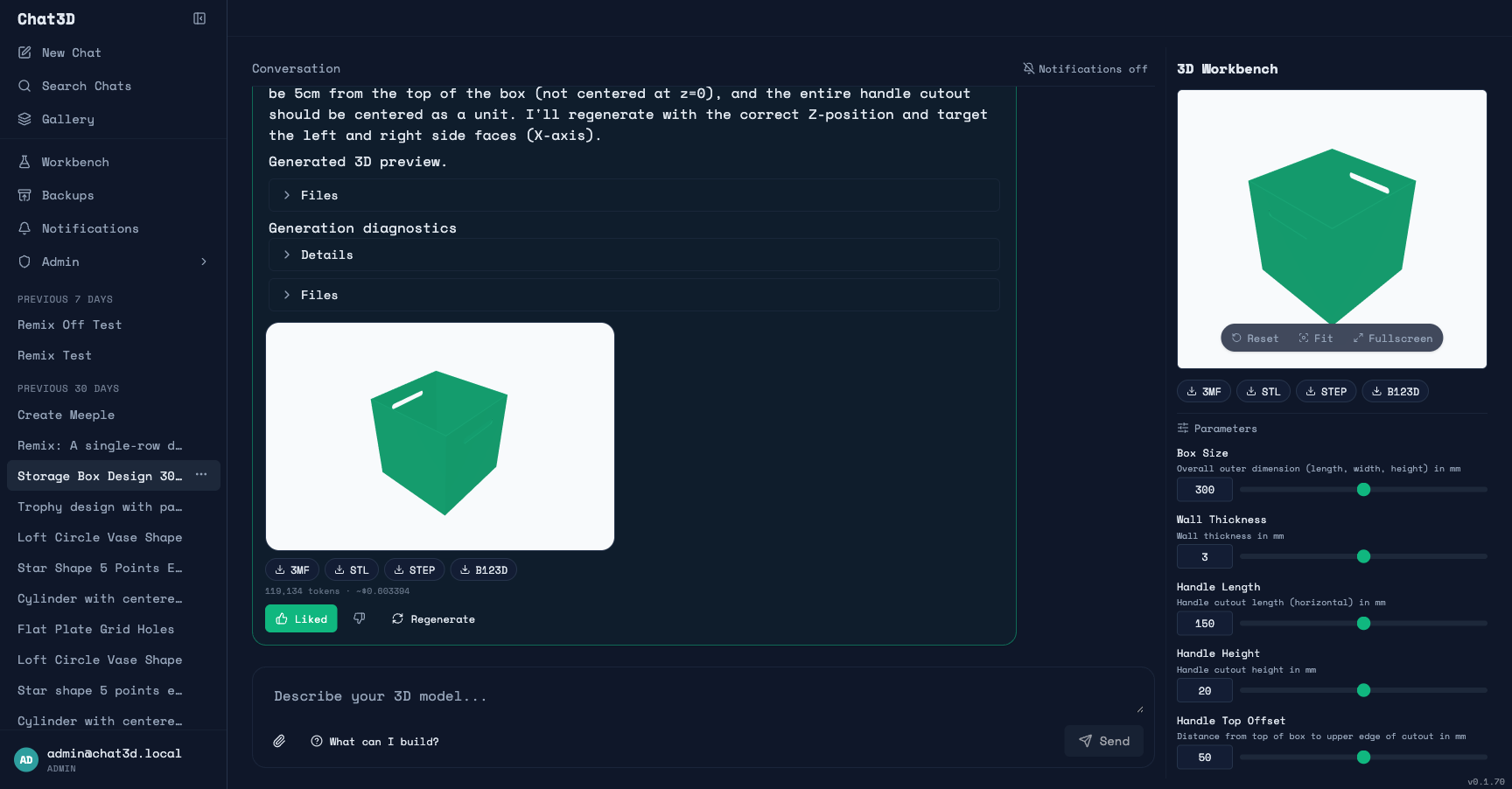 Chat3D workspace — iterative conversation refining a storage box with handle cutouts. Right pane shows the 3D preview with camera controls and parametric sliders for re-rendering.