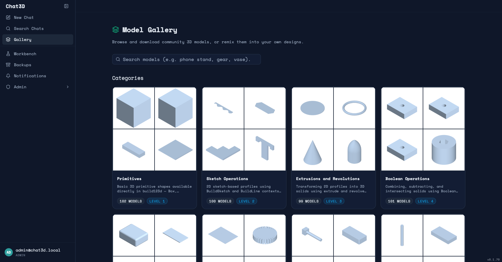 Public model gallery — browse approved models by category, search by keyword, or remix any model into a new chat conversation as a starting point.