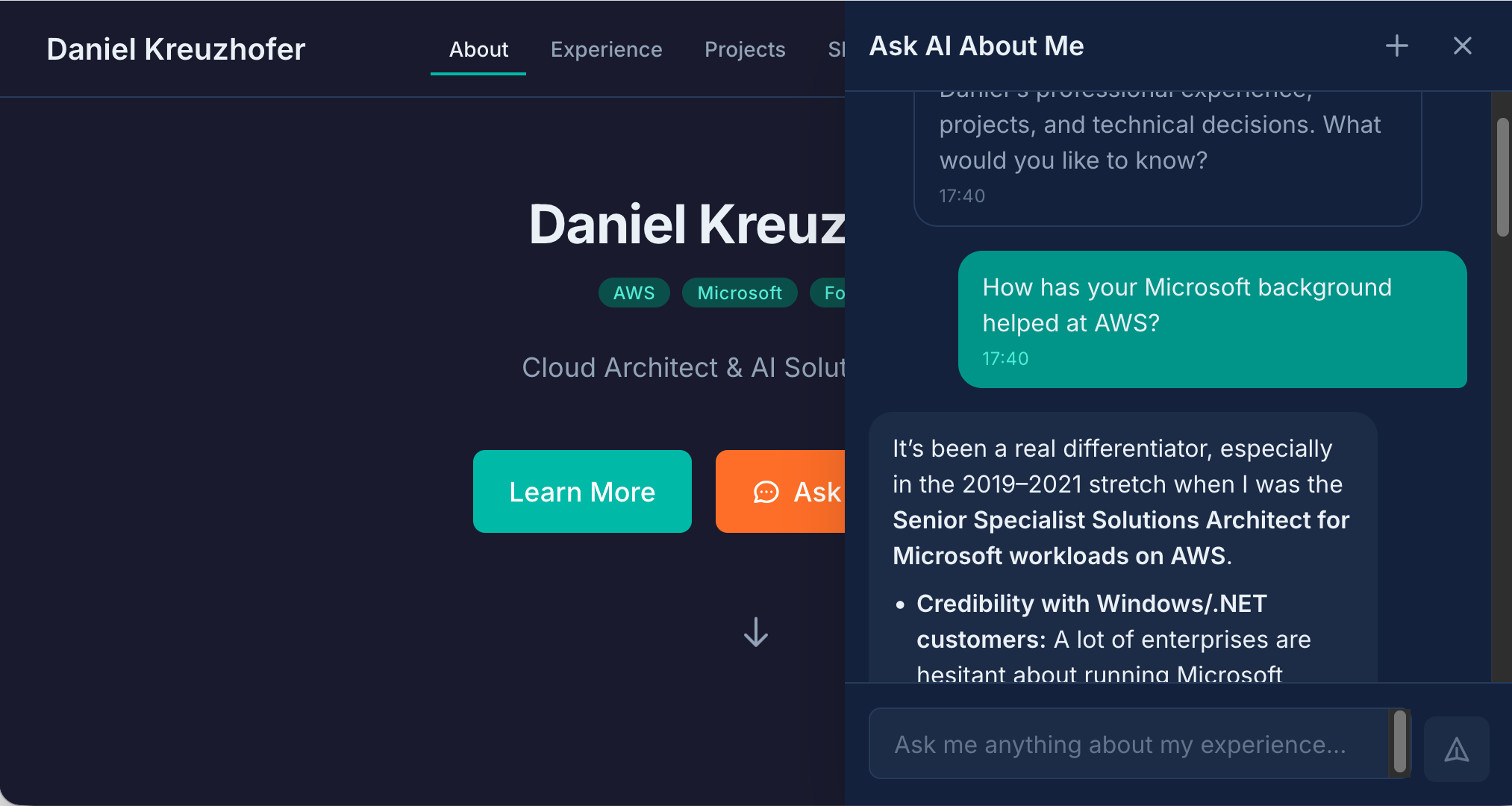 Portfolio landing page showing the main navigation and the Ask AI About Me chatbot entry point