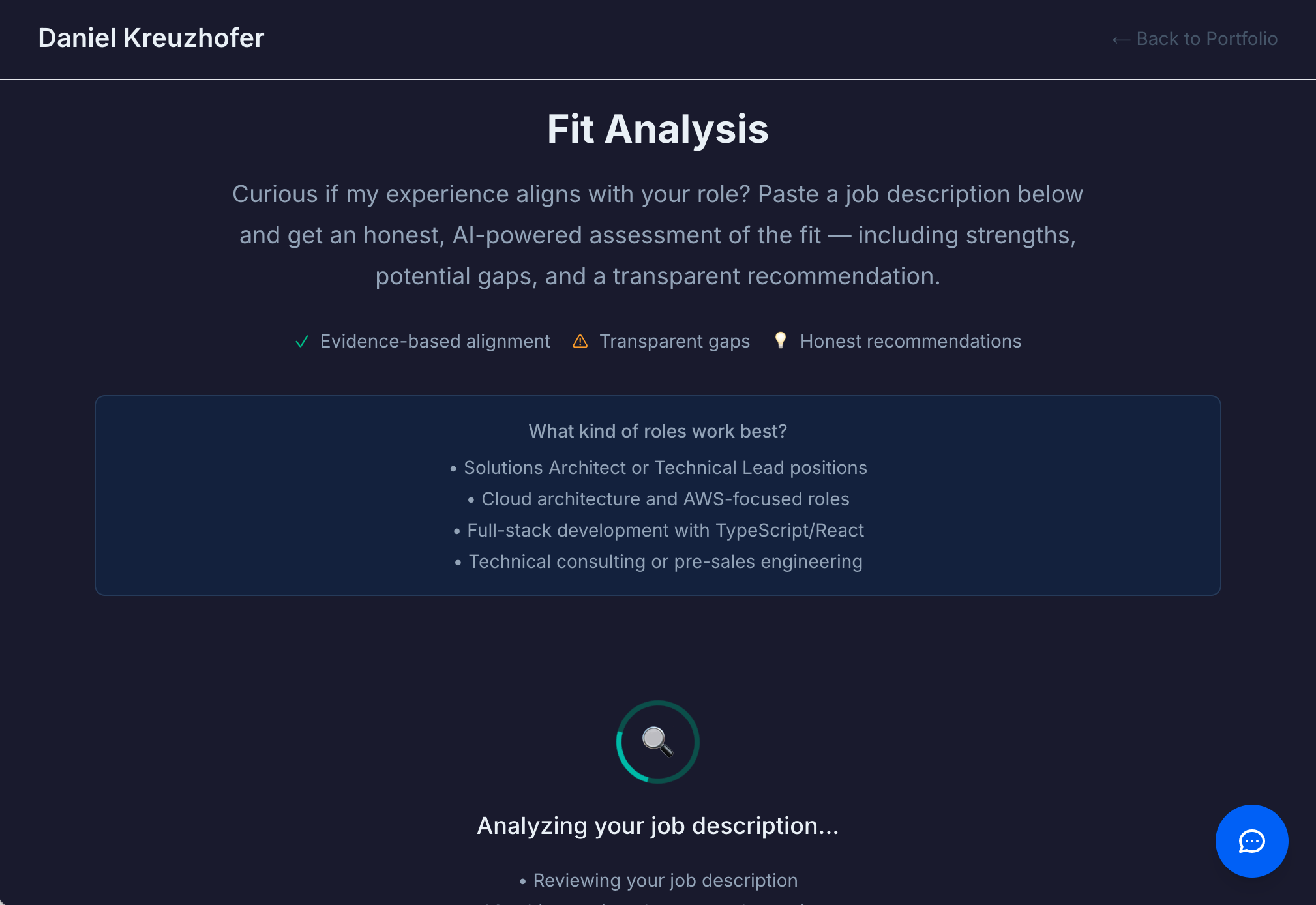 AI Chatbot conversation showing a recruiter question with a substantive, detailed response including specific examples and lessons learned