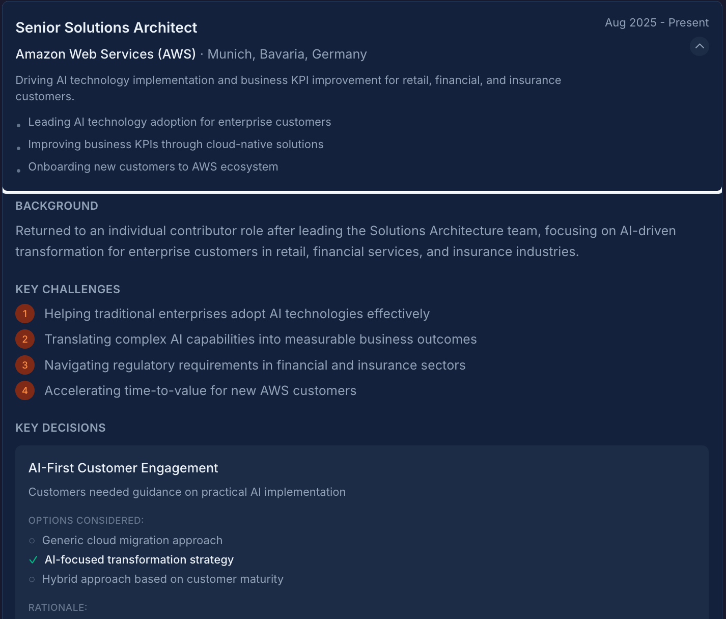 Progressive Disclosure showing a collapsed experience card alongside the expanded version with detailed context about the role